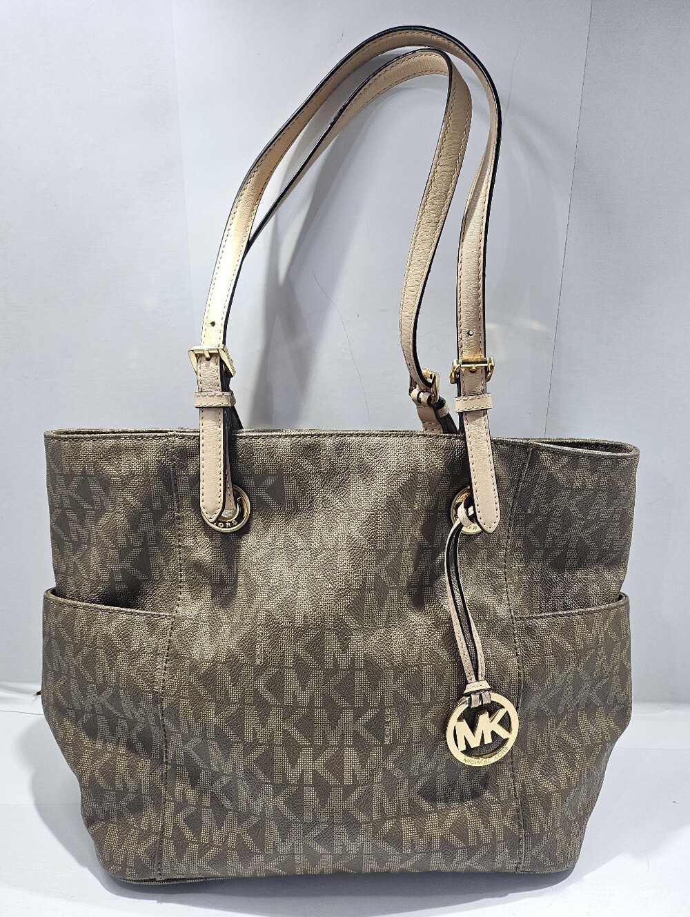 MICHAEL KORS MK SIGNATURE BROWN TRAVEL TOTE HANDBAG  SHOULDER BAG MULTI POCKET